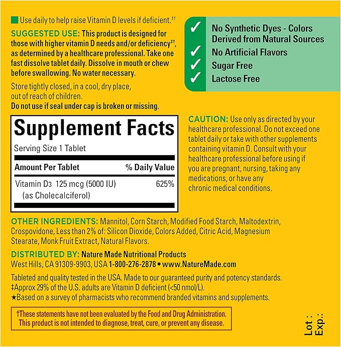 Nature Made Vitamin D3 5000 IU (125 mcg) Extra Strength, Vitamin D Supplement for Immune Support, 70 Sugar Free Fast Dissolve Tablets, 70 Day Supply