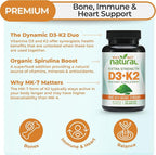 Why Not Natural Vitamin D3 K2 (MK-7) with Organic Spirulina, 10000 IU Extra Strength Supplement in Veggie Capsules, Supports Bone Health, Immune System and Mood