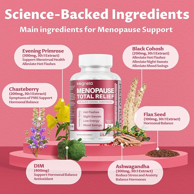 Menopause Supplements for Women, Support Hot Flashes & Night Sweats, with Black Cohosh, DIM & Evening Primrose, Hormonal Balance & Mood Support – 60 Capsules
