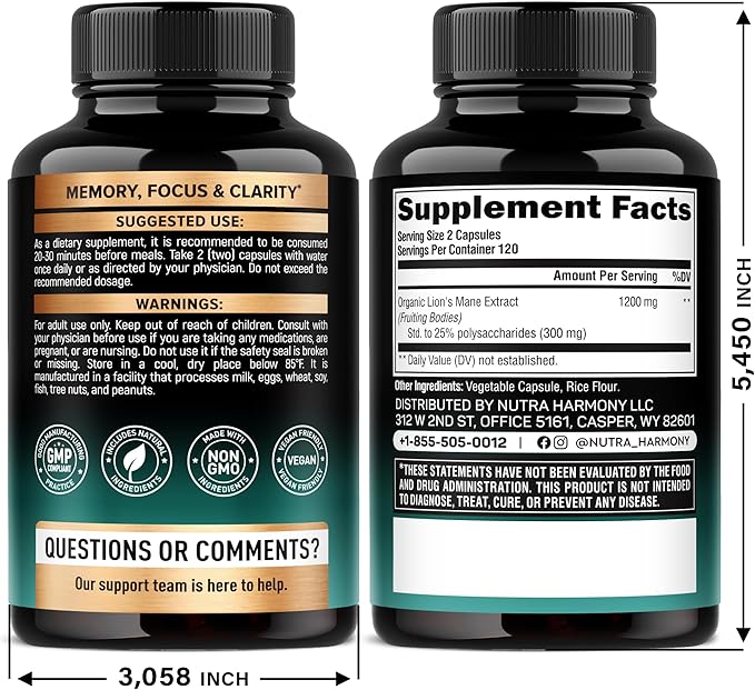Lions Mane Supplement Capsules - Organic Lions Mane - Made in USA - Fruiting Bodies Extract - 1200 mg, 25% Polysaccharides - Memory & Focus Support - As Lions Powder - 240 Capsules, 4 Month Supply