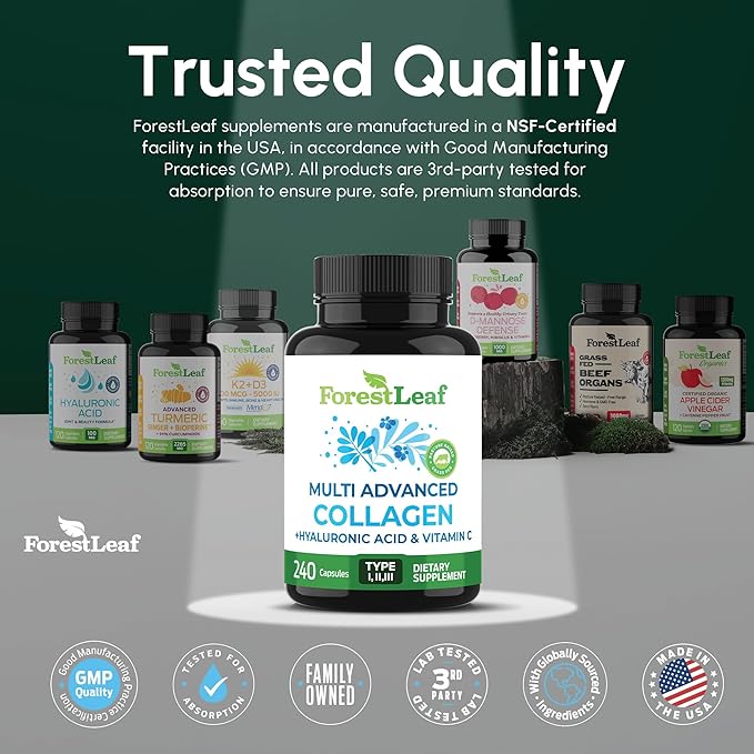 ForestLeaf Multi Collagen Pills - Collagen Men & Collagen Women - Hydrolyzed Collagen Supplements with Vitamin C & Hyaluronic Acid - Collagen Capsules for Hair, Skin & Nails (240 Peptide Capsules)