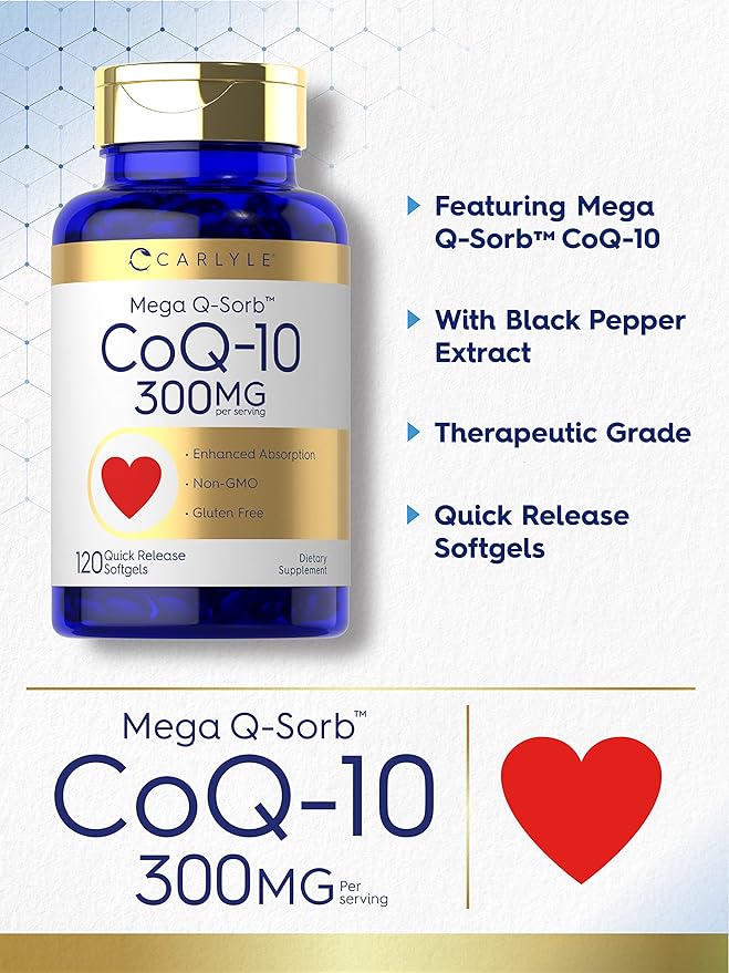 Carlyle CoQ10 300mg | 120 Softgels | Mega Q-Sorb Coenzyme Q-10 | with Black Pepper Extract | Non-GMO, Gluten Free Supplement