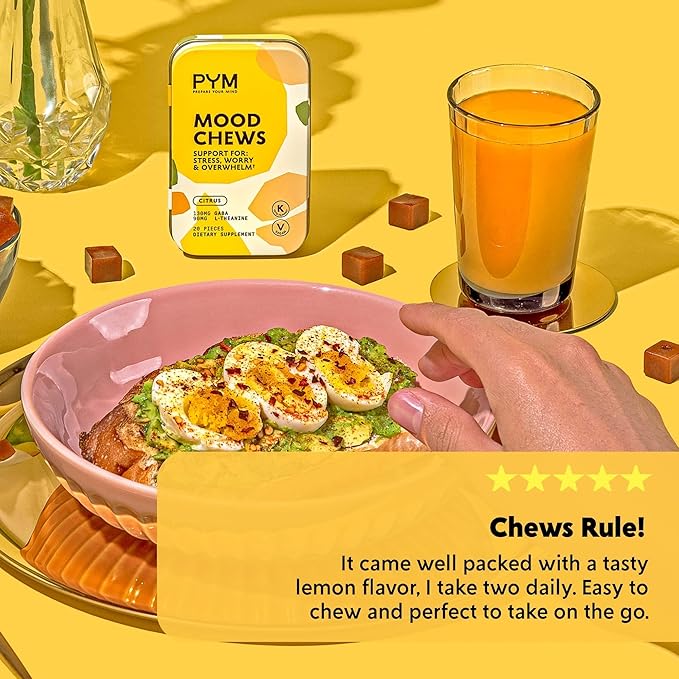 PYM Citrus Mood Chews Support for Stress, Worry & Overwhelm, 60 Count | 130mg GABA, 90mg L-Theanine | Vegan, Non-GMO, Gluten-Free, No Added Sugar | All-Natural Mood Balance Supplement Made in USA
