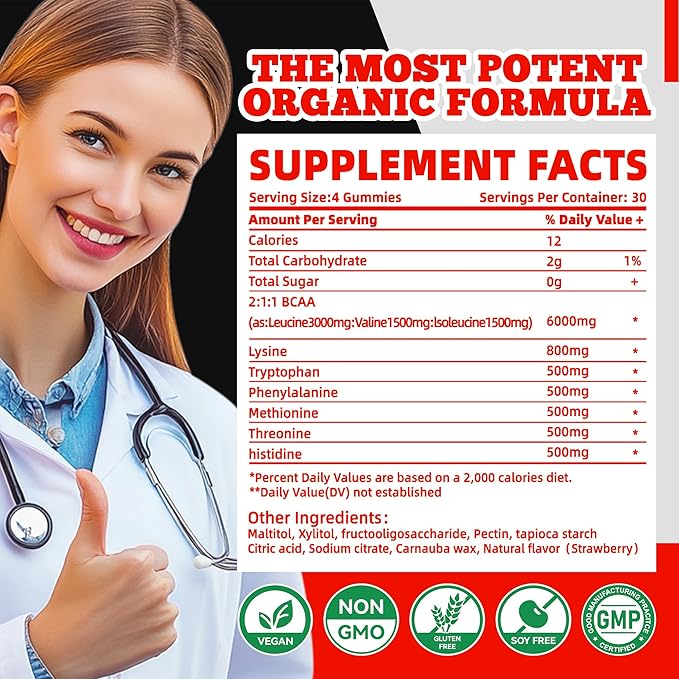 Nutravita EAA Gummies 120 Gummies (Strawberry), 9000 mg Essential Amino Acids - All 9 Essential Aminos (EAA) and All Branched-Chain Aminos (BCAAs), Non-GMO, Gluten Free, Vegetarian Friendly