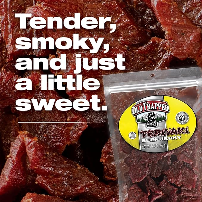 Old Trapper Beef Jerky, Teriyaki 8 Ounce Individual Pack, Tender Meat Snack for Lunches or Between Meals, 11 Grams of Protein, Zero Grams of Fat, and 70 Calories per Serving (Pack of One)
