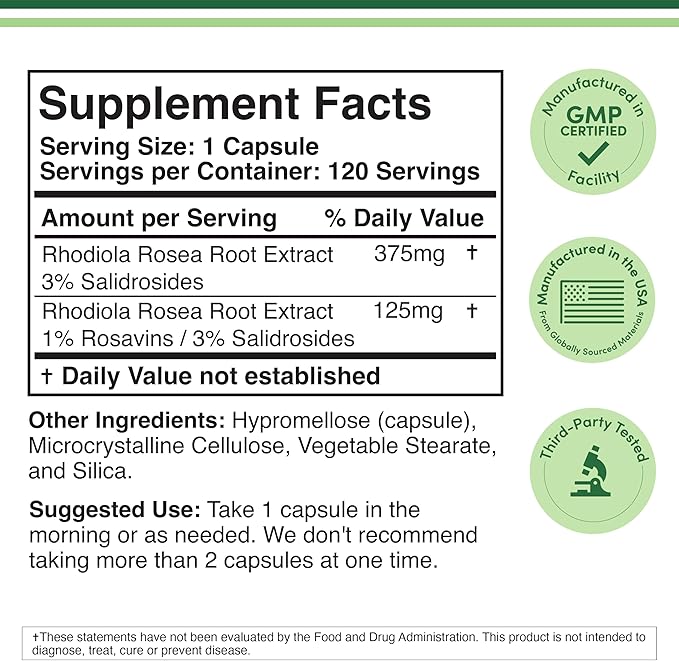 Rhodiola Rosea Supplement 500mg, 120 Vegan Capsules (Third Party Test, Gluten Free, 3% Salidrosides, 1% Rosavins Extract) for Performance, Calming, Motivation by Double Wood