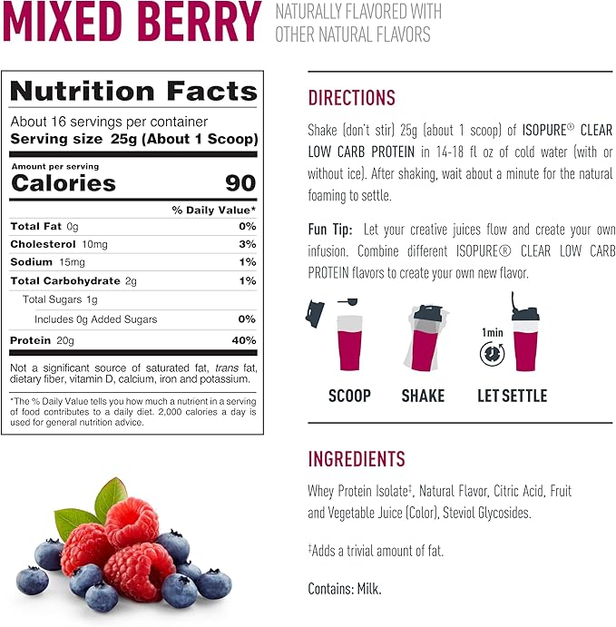 Isopure Clear Whey Isolate Mixed Berry Protein Powder 16 Servings + 1 Bottle of Clear Protein Water with Electrolytes, 15g Whey Protein Isolate, Zero Sugar, Mixed Berry, 20 fl oz Bottle