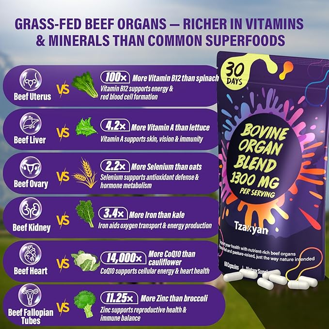 1300MG Beef Organ Supplement for Women, 100% Grass Fed Beef Liver, Uterus, Ovary & 3 More, Bovine Organ Capsules for Supports Women's Overall, Endocrine Balance, Energy, Immunity, 30 Days