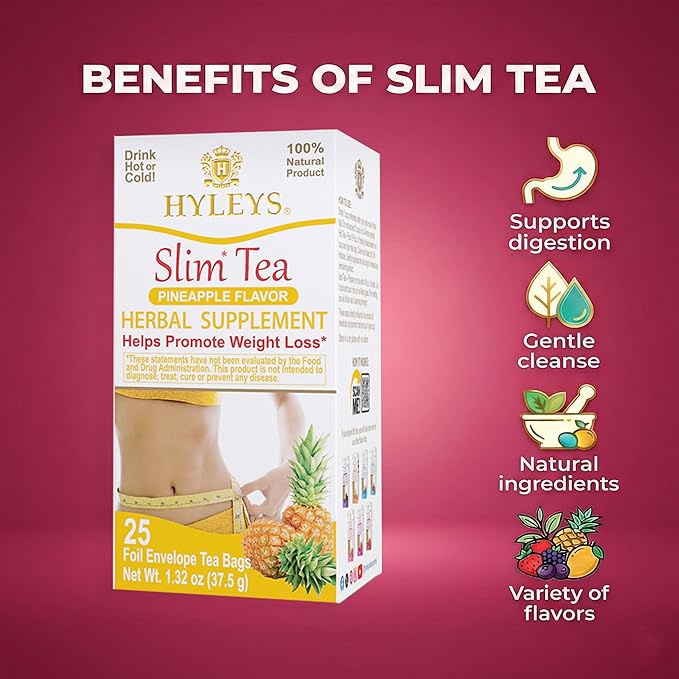 Hyleys Slim Tea Pineapple Flavor - Weight Loss Herbal Supplement Cleanse and Detox - 25 Tea Bags (6 Pack)
