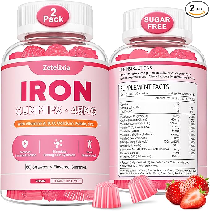 Vegan 2 Pack Iron Supplement Gummies for Women & Men, Anemia, Blood Builder & Energy Support for Iron Deficiency, with Vitamin C, A, B Complex, Folate, CoQ10, Sugar Free, Non-GMO, 120 Count