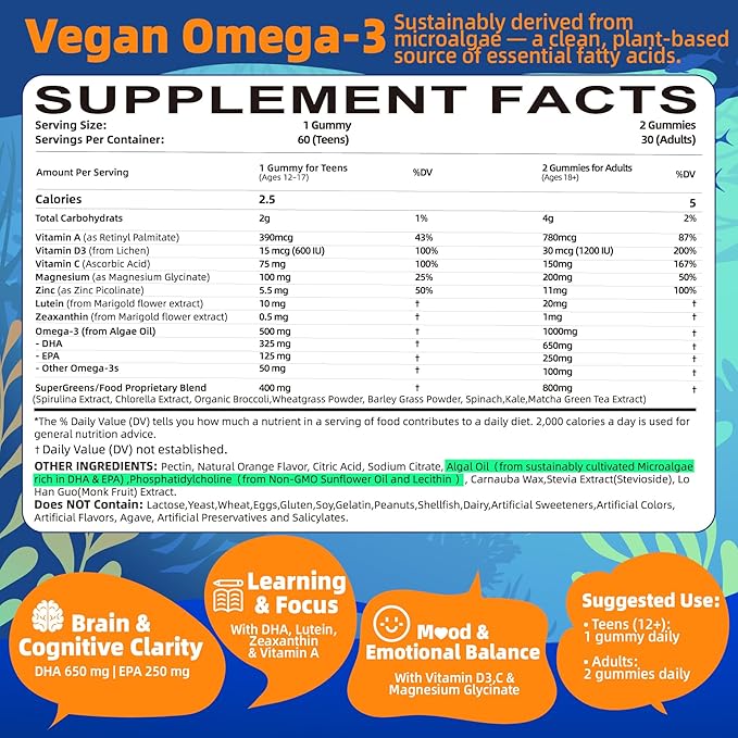 Vegan Omega-3 Gummies - 1000mg Algae Oil with 650mg DHA & 250mg EPA for Teens & Adults - Plus Vitamin D3, A,C, Lutein, Zeaxanthin, Magnesium for Eye & Immune Health, Brain - Sugar Free, Non-GMO, 60Cts