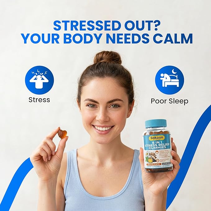 6-in-1 Stress Relief Gummies 60ct - Aids Relaxation with Ashwagandha, GABA, L-theanine, Lemon Balm, Chamomile, Black Cumin Seed Nigella Sativa. Improved Deep Sleep, Joint Support - 60 gummies