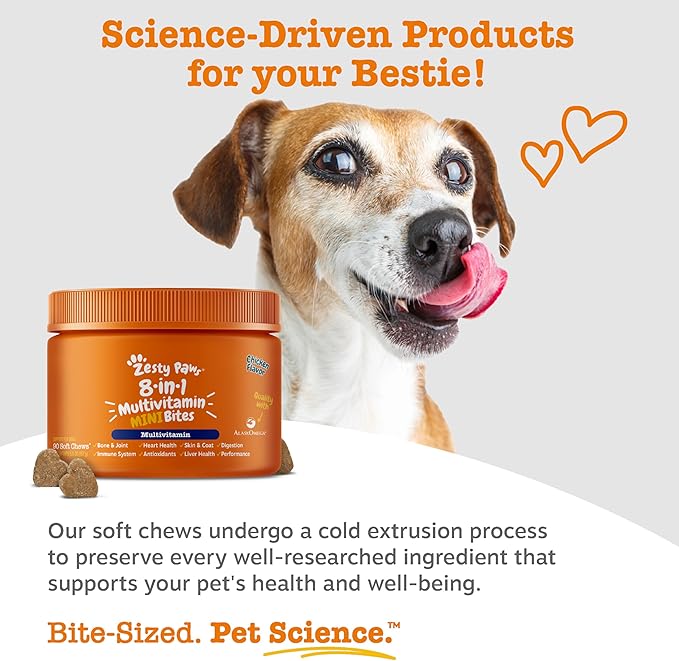 Zesty Paws Dog Multivitamin, Chewable Dog Vitamins and Supplements for Hip & Joints, Skin & Coat, Omega 3 Fish Oil for Dogs- Senior & Puppy Multivitamin - Chicken Mini Bites- 90ct