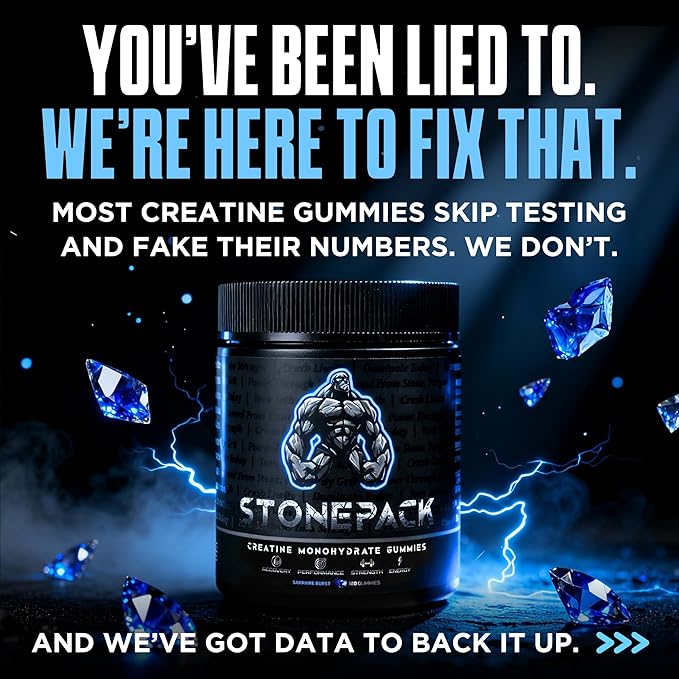 STONEPACK Creatine Gummies – The Only Lab-Verified 5g Creatine Monohydrate | Plus B12 for Energy, Accurate Dosing, Sugar-Free, Vegan, Gluten-Free | 120 Count Blue Raspberry Flavor
