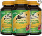 Nature’s Way Alive! Chewable Calcium Gummies with Vitamin D3, Daily Supplement Supports Healthy Bones and Teeth, and Muscle Function*, Strawberry and Raspberry-Lemonade Flavored, 60 Gummies (SET OF 3)