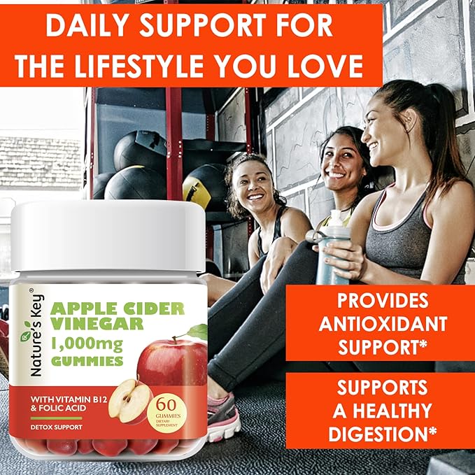 Nature's Key Apple Cider Vinegar Gummies -1000mg 60 Count, for Weight Loss, Digestion, Natural Detox & Cleanse | Vegan, Non-GMO, Gluten Free| with Folic Acid Vitamin B6 B12 Beetroot Pomegranate