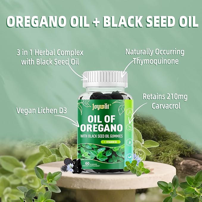 Oregano Oil Gummies 300mg | Oil of Oregano with 200mg Black Seed Oil + D3 1000IU | Organic Oregano Chewable Supplements | Carvacrol + Thymoquinone | Vegan, Non GMO | Immune & Gut Support | 60 Cts