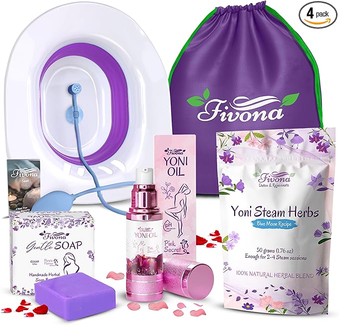 FIVONA Yoni Care Kit 6 in 1 - pH Balanced Natural Yoni Oil, Herbal Soap Bar for Feminine Wash, Detox V Steam Herbs Blue Moon, Foldable Sitz Bath Steam Pot, Hand Flusher and Drawstring Storage Bag