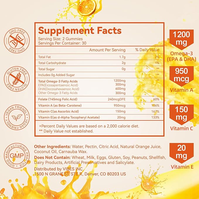 Omega-3 Gummies Vegan 1200mg, EPA and DHA Omega-3 Fatty Acids with Folate, Vitamin A, Vitamins C & E, High Potency Omega 3 Supplements for Immune Support, 60 Count