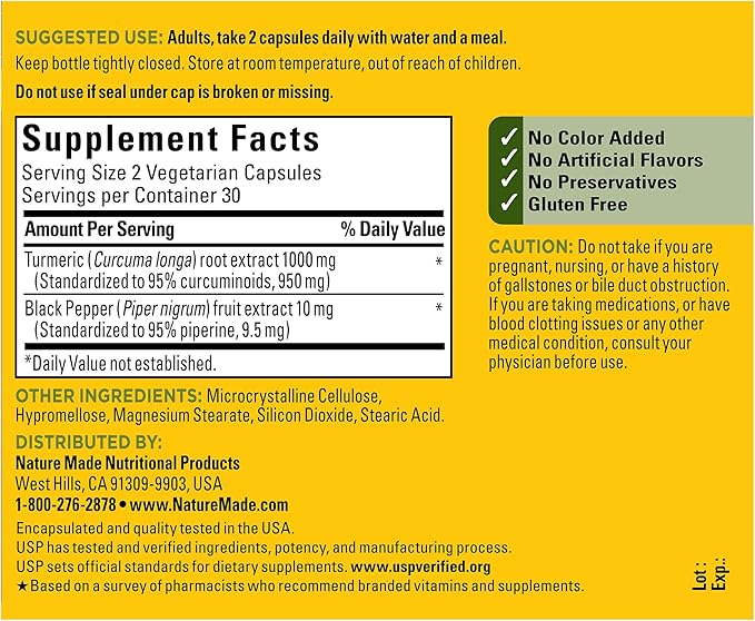 Nature Made Extra Strength Turmeric Curcumin with Black Pepper,1000mg Turmeric Extract per Serving (Standardized to 95% Curcuminoids),Supports Healthy Inflammation Response,60 Capsules,(Pack of 2)