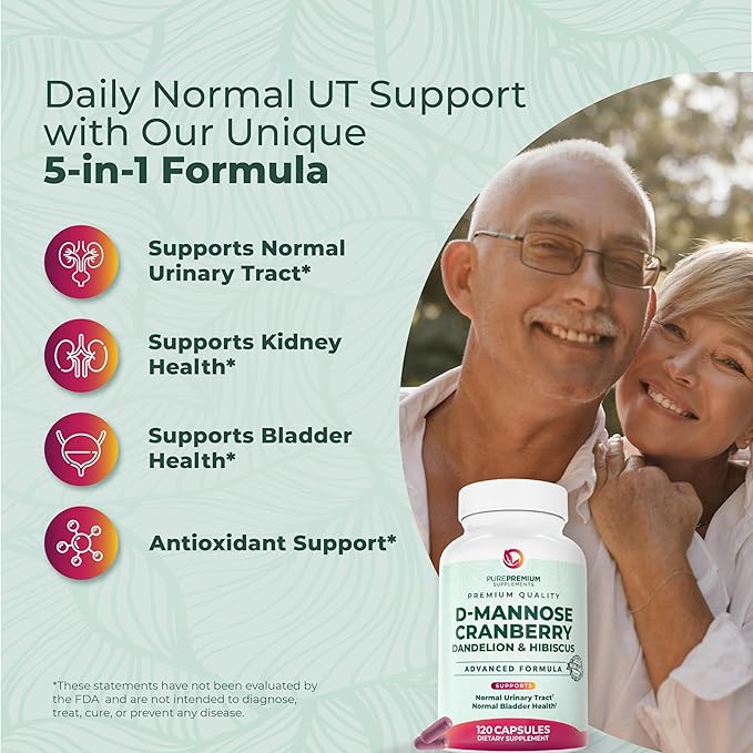 PurePremium D-Mannose with Cranberry, Hibiscus & Dandelion - 1000mg D-Mannose Supplements for Women Supports Urinary Tract Health & Bladder Health - Made in USA, Vegan, 120 Capsules, 2 Month Supply