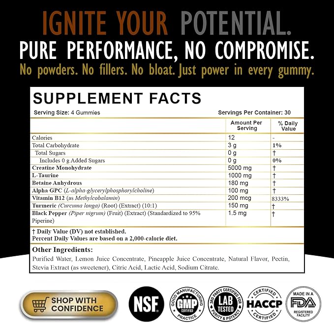 Creatine Monohydrate Gummies for Men & Women - Sugar Free & Vegan Advanced Formula W/L-Taurine + Vitamin B12 - for Muscle Strength, Muscles Builder, Recovery (120 Count (Pack of 1), Pineapple)