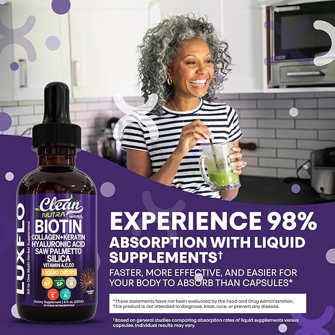 Biotin Liquid Drops Collagen Keratin Hyaluronic Acid Saw Palmetto for Hair Skin and Nails Silica Vitamin A C Vitamin D Bamboo Turmeric Zinc Folate Magnesium Horsetail LuxGlo By Clean Nutra - 2Pack