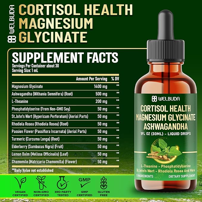 11in1 Cortisol Liquid Supplement with Ashwagandha, Magnesium Glycinate Chelate, L-Theanine, Phosphatidylserine, St.John's WortL-Theanine and More - Immune & Mood Balance - 1 FL Oz - 30 Day
