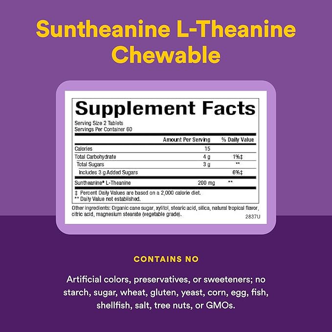 Natural Factors Suntheanine L-Theanine 100 mg - Health Supplement for Calm Outlook - L-Theanine Supplement Supports Relaxing Sleep & Aids Against Drowsiness - 60 Chewable Tablets (30 Servings)