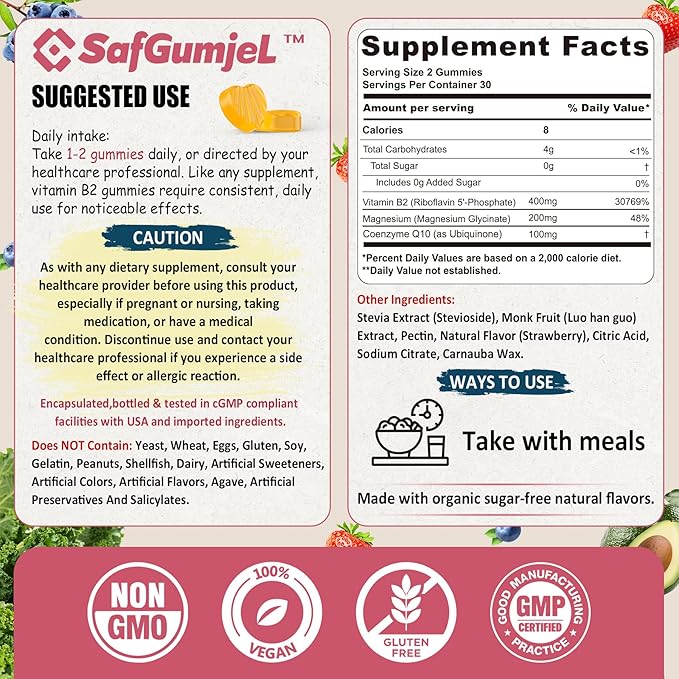 Vitamin B2 Gummies | Riboflavin 400mg with Magnesium & CoQ10 for Migraine Relief & Headache Relief | Sugar Free, Vegan, Strawberry Flavor, 60 Count
