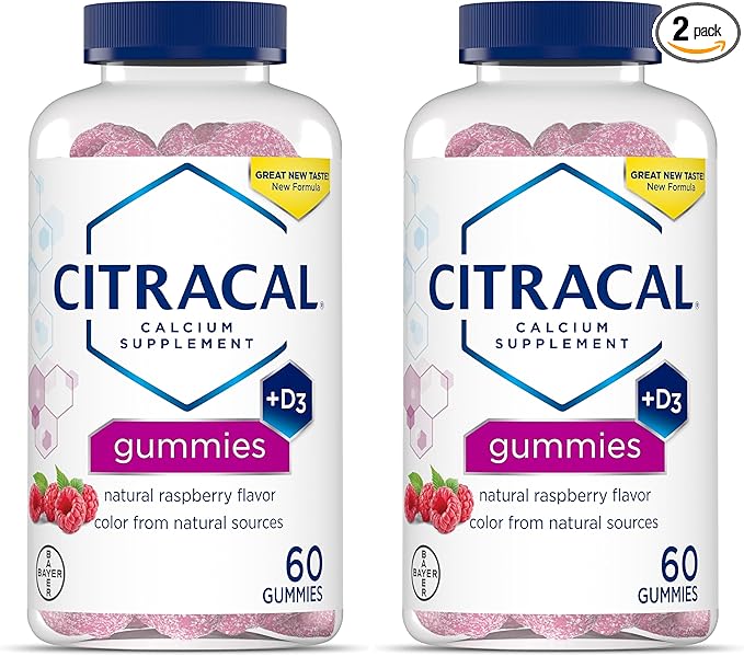 CITRACAL Calcium Gummies, Calcium Supplement with Vitamin D3, Support Bone Health, for Ages 12+, Natural Raspberry Flavor, 60 Count (Pack of 2)