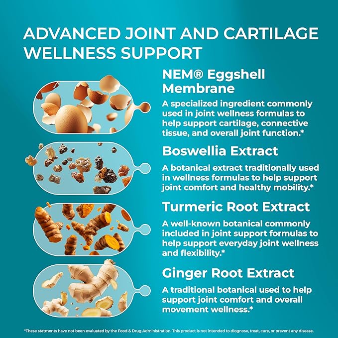 PUREHEALTH RESEARCH Joint Support NEM Eggshell Membrane with Boswellia Extract, Calcium & Turmeric, 60 Capsules