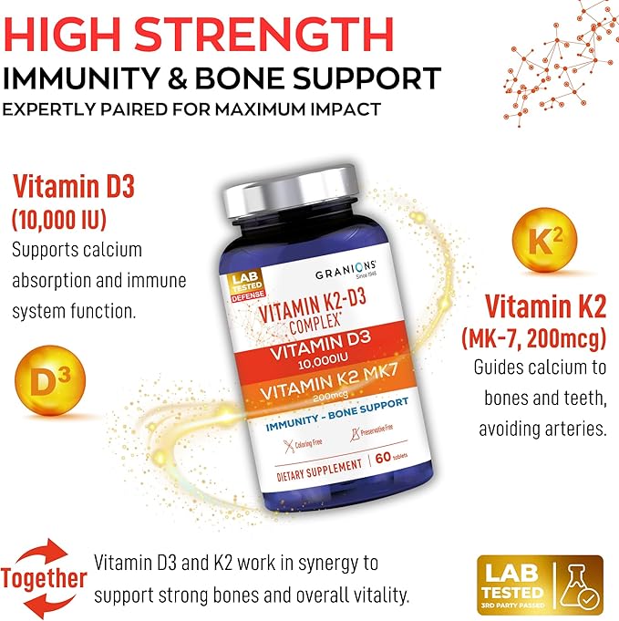Granions Max Strength Vitamin D3 K2 Supplement - 250mcg (10,000 IU) D3 + 200mcg Vitamin K2 (MK-7) - Vitamins for Bone Health, Immune Support Supplements VIT K2D3-2 Month, 60 Tablets