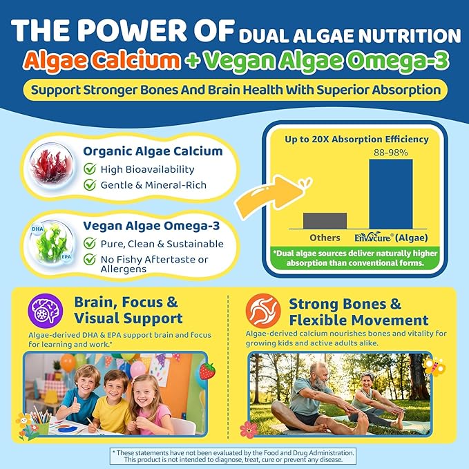 Sea Moss + Elderberry Gummies for Kids & Adults, 19-IN-1 Super Food with Spirulina, Algae Omega 3, Algae Calcium, Ashwagandha, Mushroom, Vitamins D3, C for Immune, Gut, Bone, Energy, Brain,Vegan 60Cts