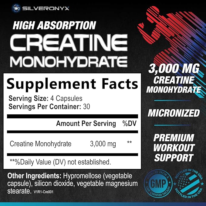 Creatine Monohydrate 3000mg Per Serving - 3X Strength Micronized Creatine Powder - Supports Lean Muscle, Strength, Energy, & Endurance - All Natural Supplement, Non-GMO, Bottled in USA - 120 Capsules