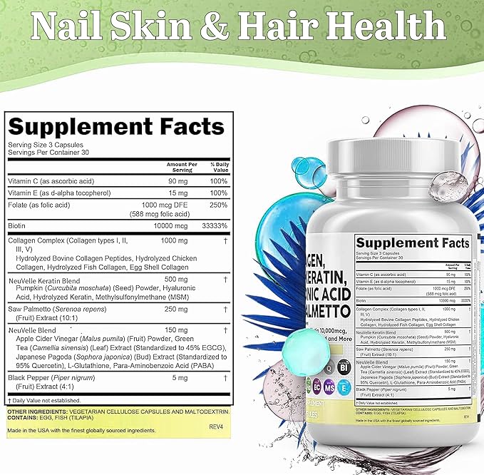 16 in 1 Collagen Supplement - Peptides Types I,II,III & V with Biotin, Keratin, Hyaluronic Acid, Saw Palmetto, Vitamins C & E, Apple Cider Vinegar & PABA - Nail Skin & Hair Health Support Capsules