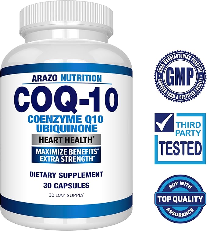 Arazo Nutrition CoQ10 Ubiquinone Coenzyme Q10-200mg Per Serving Maximum Strength Nutritional Supplement - High Absorption Capsules with No Soy