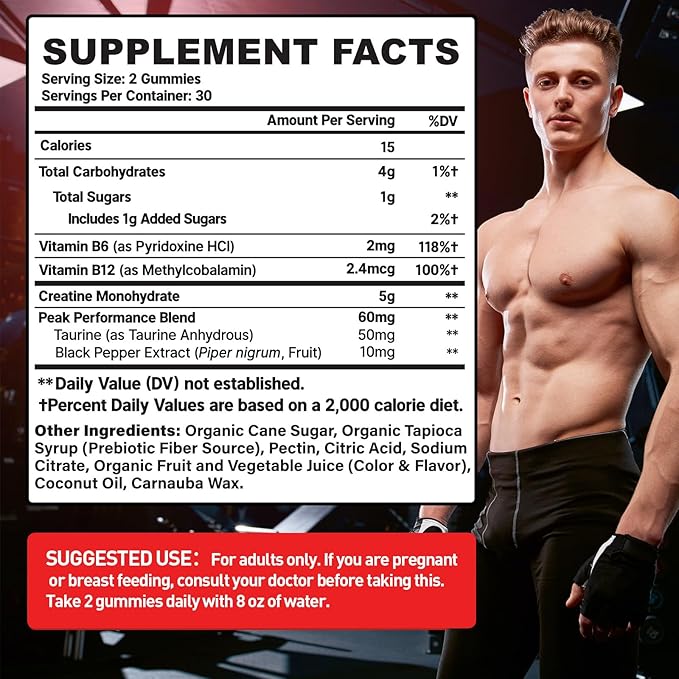 Creatine Monohydrate Gummies for Men & Women, Creatine for Women Chewables Creatine Monohydrate with Taurine & Vitamin B12, Pre-Workout Gummies for Max Strength, Energy & Endurance, Berry 60 Counts