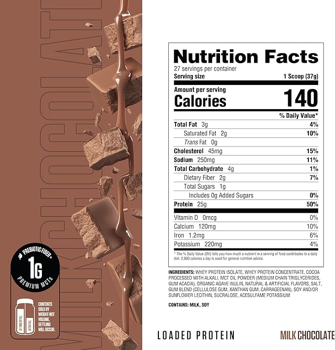 RYSE Loaded Protein Powder - Milk Chocolate - 25g Whey Protein Isolate & Concentrate with Prebiotic Fiber & MCTs - Low Carb, Low Sugar, Digestive-Friendly - 27 Servings / 2 lb Tub