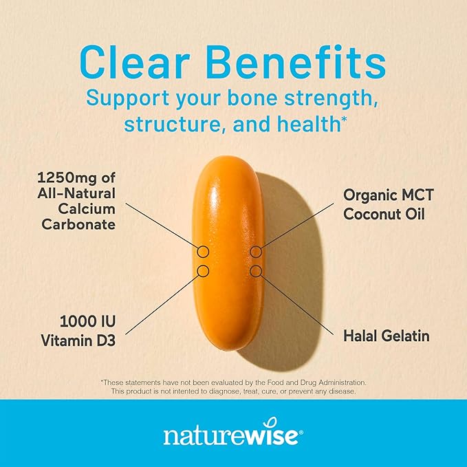 NatureWise High-Purity, All-Natural Calcium 1250mg + Vitamin D3 1000IU + Organic MCT Coconut Oil - Pregnancy Safe + Non-GMO - Absorption Friendly, Gluten Free - 60 Softgels[30-Day Supply]