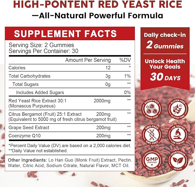 Red Yeast Rice 2,000mg with CoQ10 Gummies - Max Strength Extract Red Yeast Rice Supplement with CoQ10 200 Plus Citrus Bergamot - Natural Cholesterol Support,Vegan, Non-GMO, Gluten-Free – 60 Counts
