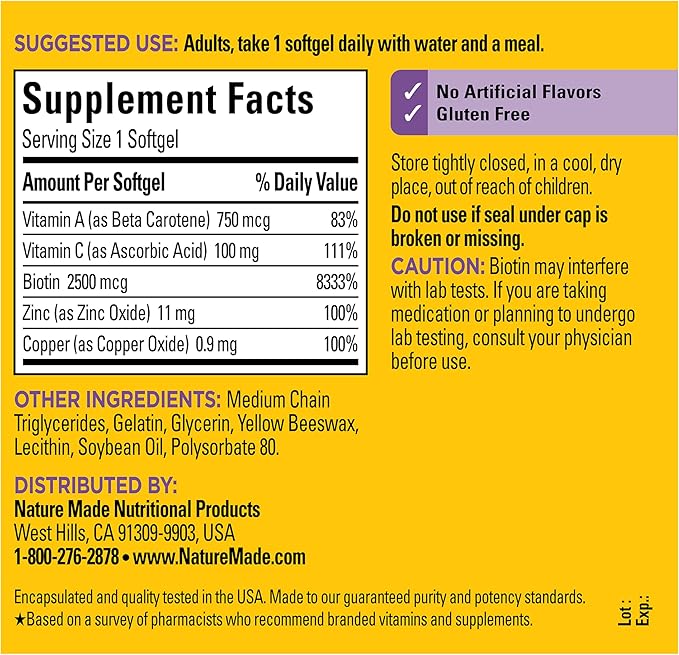 Nature Made Hair Skin and Nails with Biotin 2500 mcg, Dietary Supplement For Healthy Hair Skin and Nails Support, 120 Softgels, 120 Day Supply
