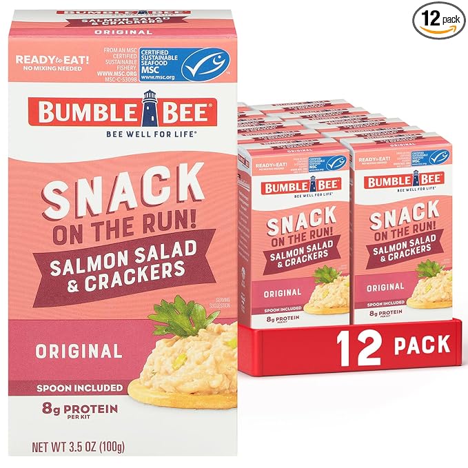 Bumble Bee Snack On The Run! Protein Snack Pack - 8g Protein per Box - Salmon Salad with Crackers Kit - Ready to Eat Easy-Open Can - Wild Caught MSC-Certified Seafood (Pack of 12)