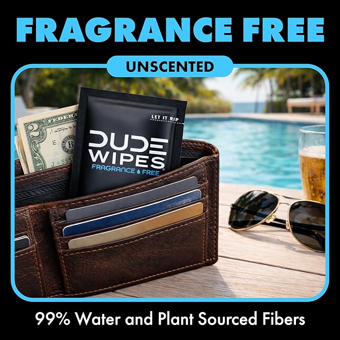 DUDE Wipes On-The-Go Unscented Travel Wipes - 2 Pack, 60 Count (Individually Wrapped) - Extra-Large Adult Flushable Wipes for Sensitive Skin - Infused with Vitamin E & Aloe - Septic and Sewer Safe