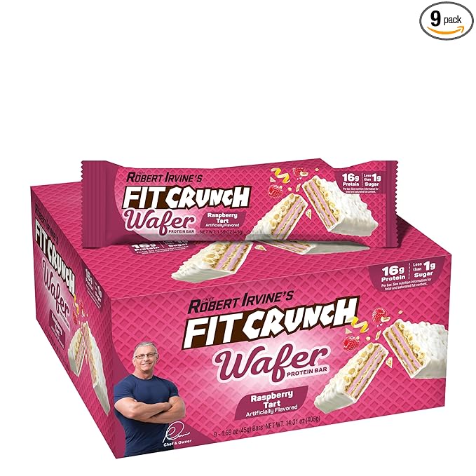 FITCRUNCH Wafer Protein Bars, Designed by Robert Irvine, 16g of Protein & 1g of Sugar (9 Bars, Raspberry Tart)