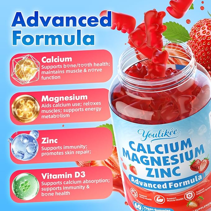 2 Pack Calcium Magnesium Zinc Gummies for Adult, Calcium Citrate with Vitamin D3, High Absorption Calcium Magnesium Supplement for Women & Men, Sugar-Free, Strawberry Flavor, 120 Count