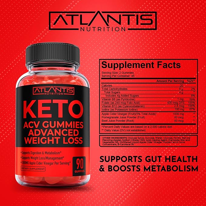 Atlantis Nutrition Keto ACV Gummies for Weight Loss - Supports Digestion, Weight Loss, Detox & Cleansing - Apple Cider Vinegar Gummies Formulated with 1000MG ACV Per Serving - 90 Count