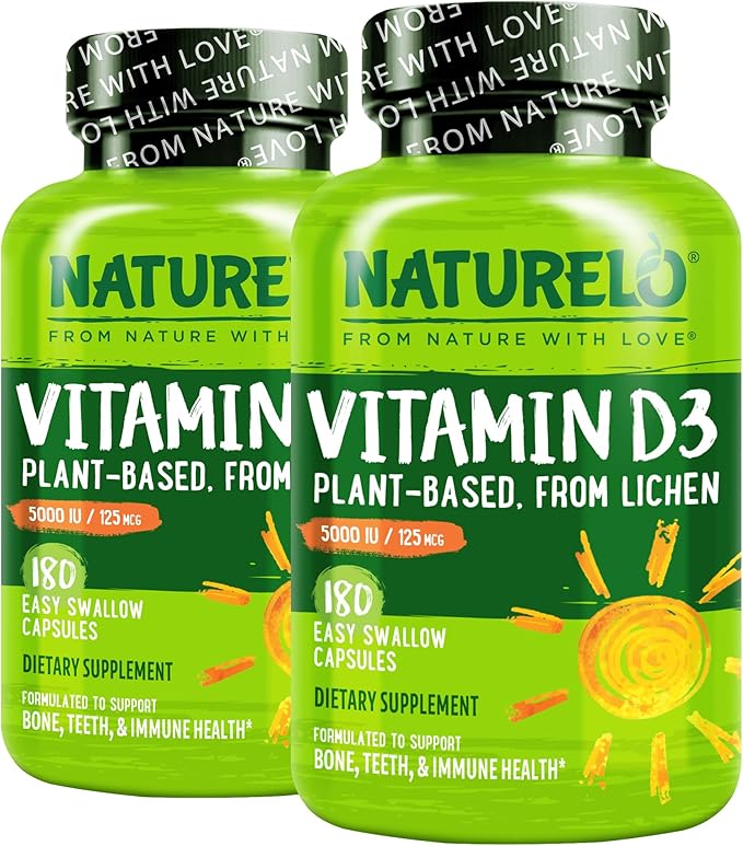 NATURELO Vitamin D - 5000 IU - Plant Based from Lichen - Natural D3 Supplement for Immune System, Bone Support, Joint Health - High Potency - Vegan - Non-GMO - Gluten Free - 180 Capsules (Pack of 2)