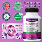 100% Natural Resveratrol - 1480mg Per Serving, 90 Veggie Capsules, 99% Pure Trans-Resveratrol, Antioxidant for Healthy Aging, Brain & Heart Support