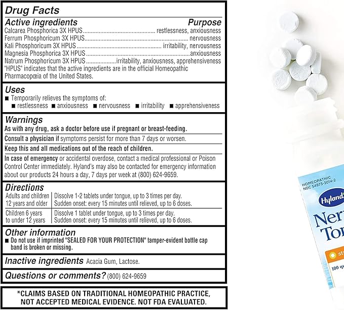 Hyland's Nerve Tonic Stress Relief Tablets, Natural Relief of Restlessness, Nervousness and Irritability Symptoms, Non-Habit Forming, Quick Dissolving Tablets, 50 Count